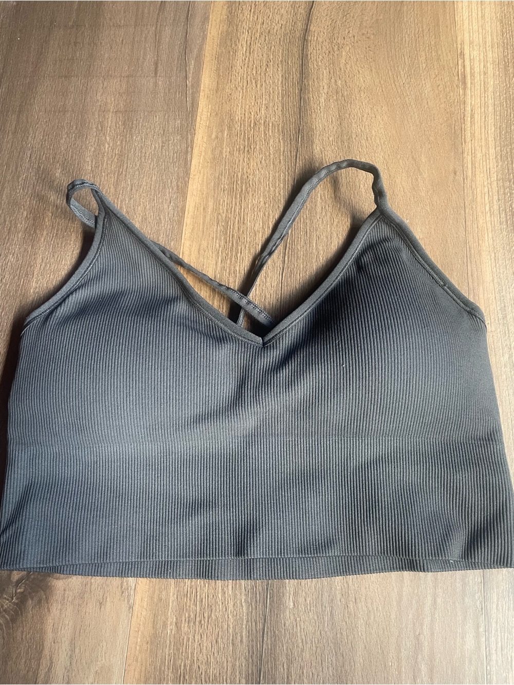 DSG Ribbed V-Neck Crossback Bralette in Charcoal Gray